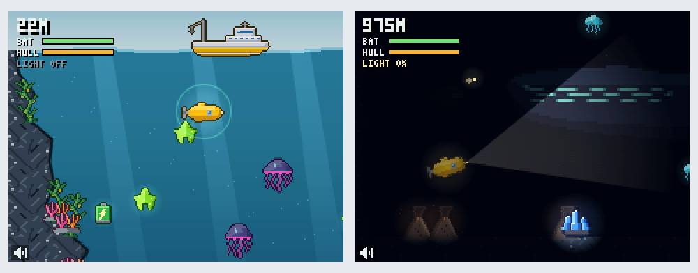 Two frames of the game side by side. On the left the sub near the surface in bright blue water, the research boat above it, kelp and coral on the trench wall, two green specimens and a jellyfish. On the right the sub at 975 metres in near darkness, its searchlight cutting a wedge, a cluster of blue crystals glowing on the floor and the flank of an enormous creature filling the top of the frame.