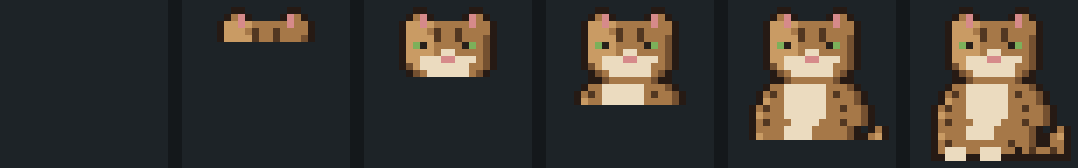 Six pixel art frames of the same cat, left to right. The first is an empty dark slot, the second shows only the tips of two ears, the third a head, the fourth a head and shoulders, the fifth most of the body, and the sixth the finished cat sitting.