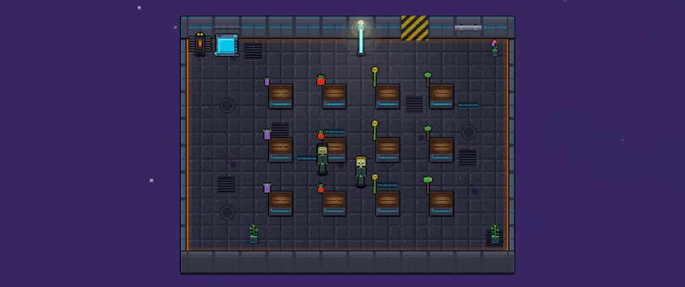 A cross section of a space station interior. Crops growing in soil beds, two colonists standing among them, a light overhead, the purple of space outside the hull.